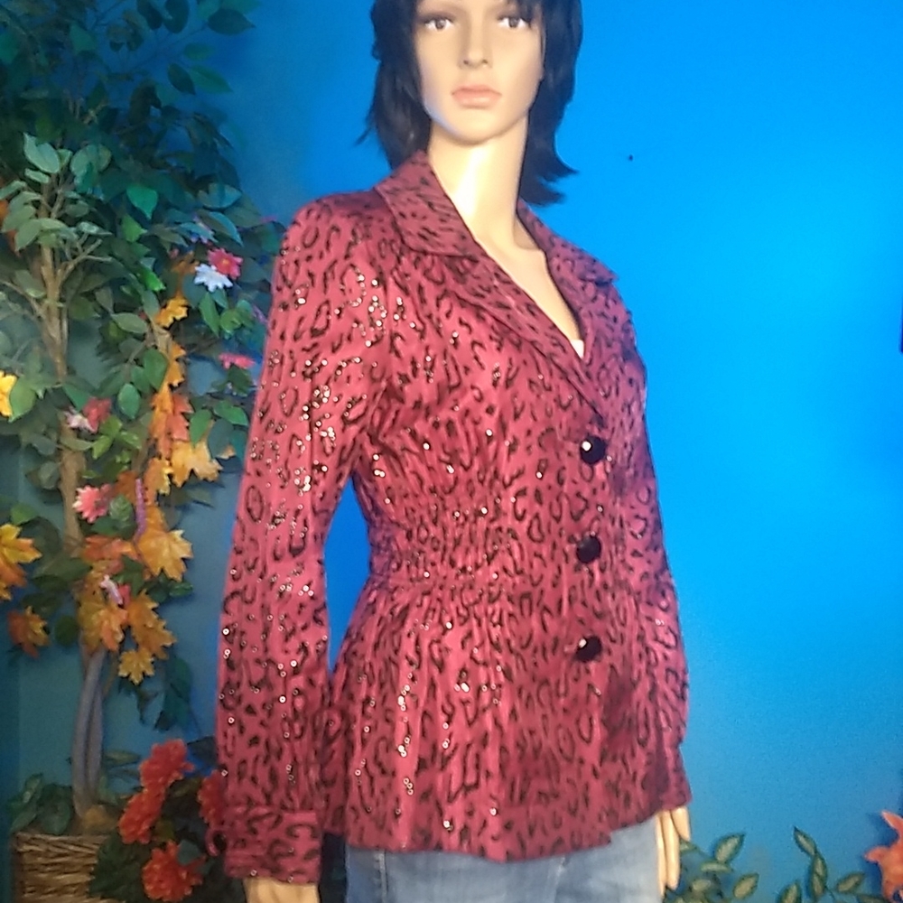 Laura Ashley Burgundy Wine with Black Leopard sequin blazer size M